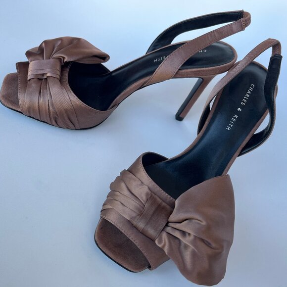Charles & Keith Oversized Bow Detail Satin Slingbacks, Nude/Brown - Brand New - Picture 8 of 8